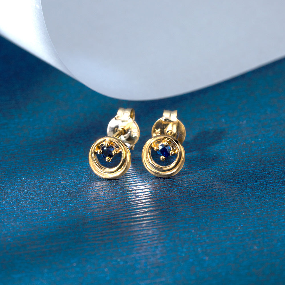 9K Gold Blue Sapphire Open Circle Round Stud Earrings