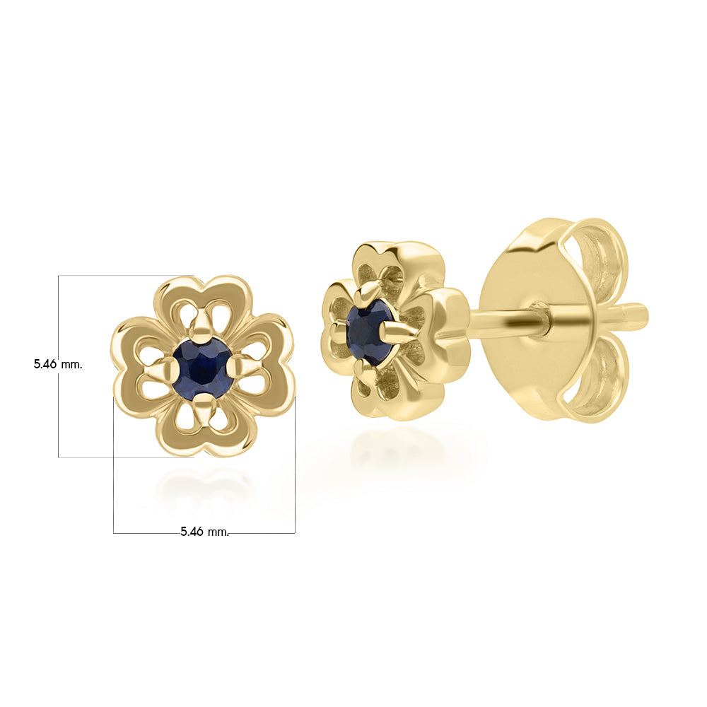 9K Gold Round Blue Sapphire Open Petal Flower Stud Earrings