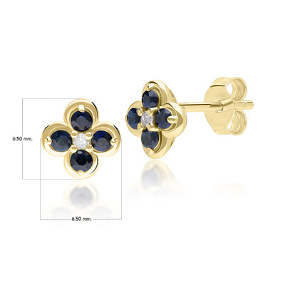 9K Gold Round Blue Sapphire & Diamond Classic Flower Earrings