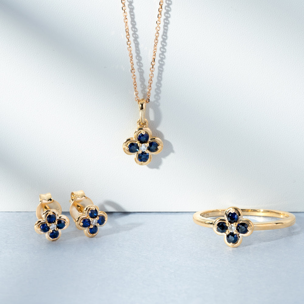 9K Gold Round Blue Sapphire & Diamond Classic Flower Ring