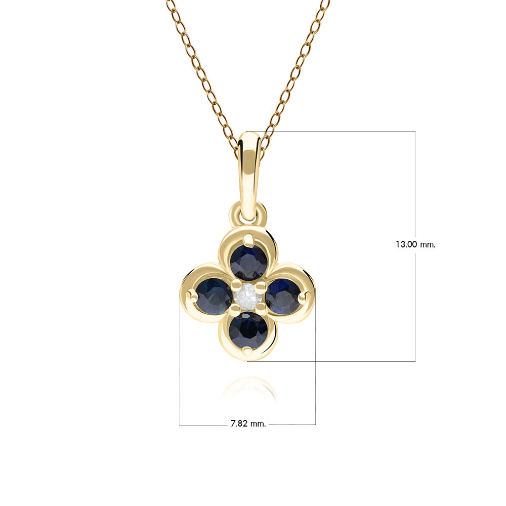 9K Gold Round Blue Sapphire & Diamond Classic Flower Pendant (Chain sold separately)