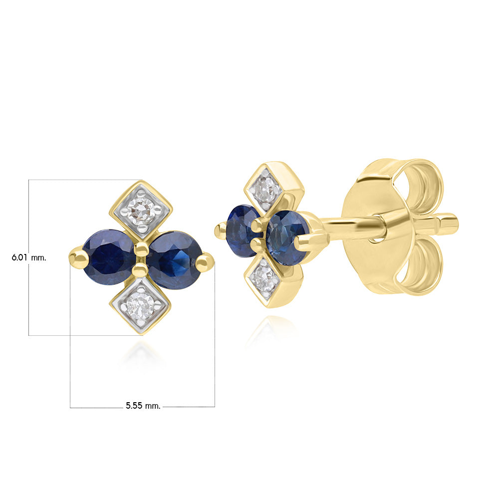 9K Gold Round Blue Sapphire & Rhombus Style Diamond Stud Earrings 135E1836-01_2