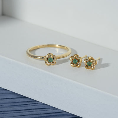 9K Gold Round Emerald Five Petal Flower Stud Earrings