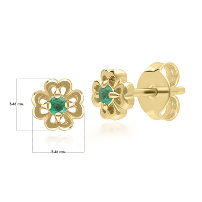 9K Gold Round Emerald Open Petal Flower Stud Earrings