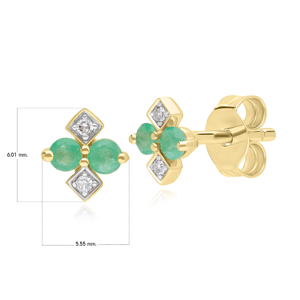 9K Gold Round Emerald & Rhombus Style Diamond Stud Earrings