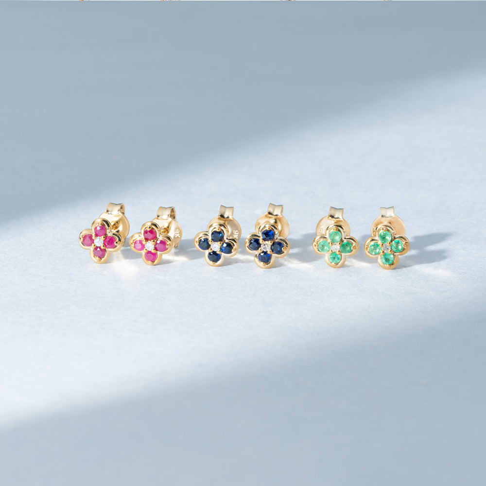 9K Gold Round Blue Sapphire & Diamond Classic Flower Earrings