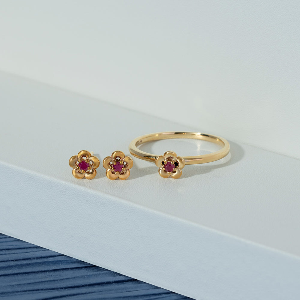 9K Gold Round Ruby Five Petal Flower Stud Earrings