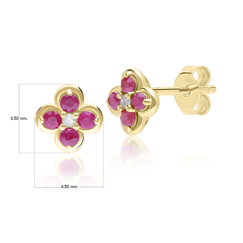 9K Gold Round Ruby & Diamond Classic Flower Earrings