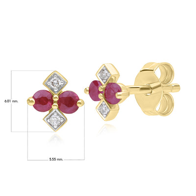 9K Gold Round Ruby & Rhombus Style Diamond Stud Earrings