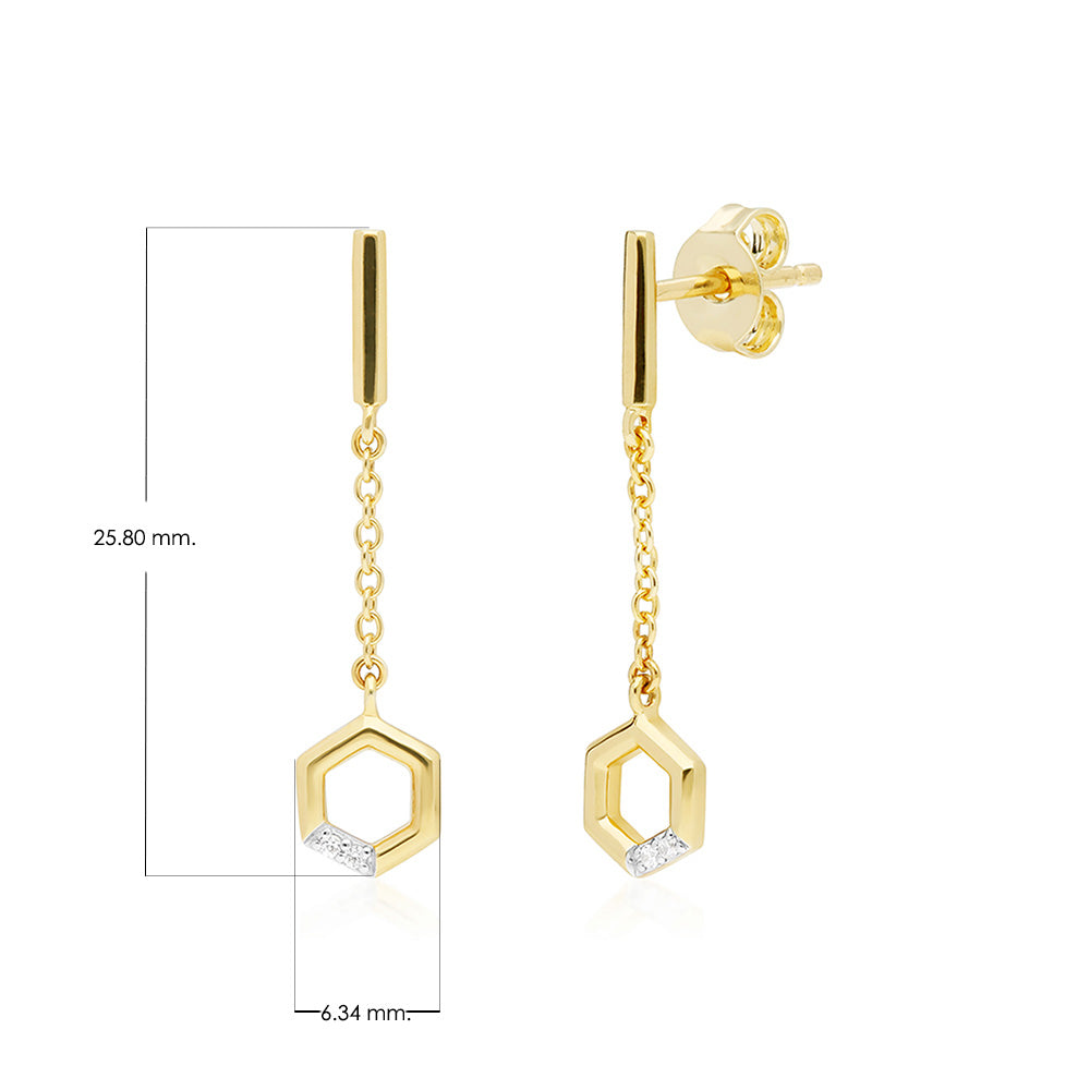 9K Yellow Gold Diamond Hexagon Dangle Drop Earrings