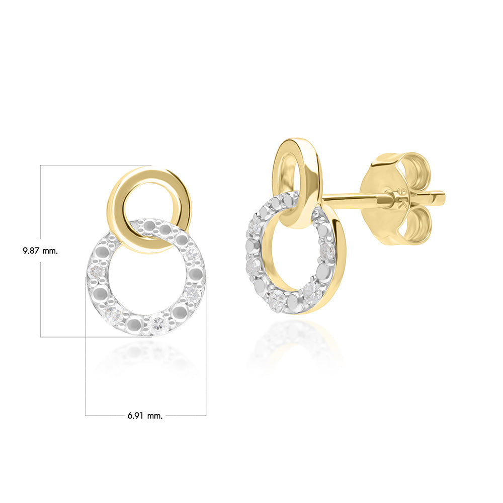 9K Yellow Gold Diamond Pave Double Open Circle Stud Earrings
