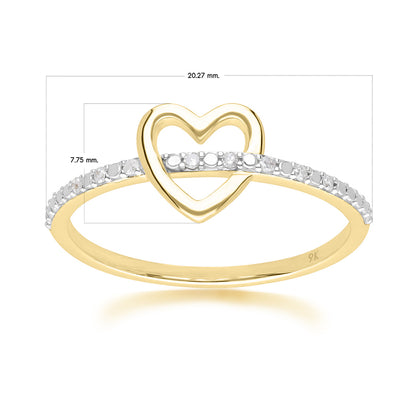 9K Yellow Gold Diamond Pave Open Heart Dainty Ring