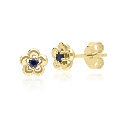 9K Gold Round Blue Sapphire Five Petal Flower Stud Earrings 135E1834-01_1