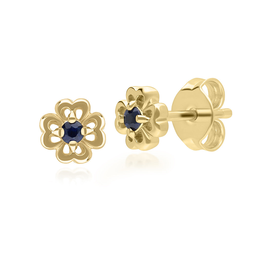 9K Gold Round Blue Sapphire Open Petal Flower Stud Earrings 132E2768-01