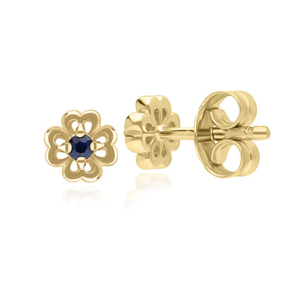 9K Gold Round Blue Sapphire Open Petal Flower Stud Earrings 132E2768-01_2