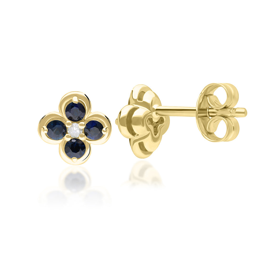 9K Gold Round Blue Sapphire & Diamond Classic Flower Earrings 135E1837-01_2