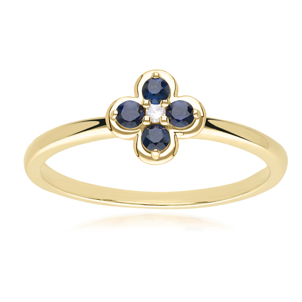 9K Gold Round Blue Sapphire & Diamond Classic Flower Ring 135R2074-01