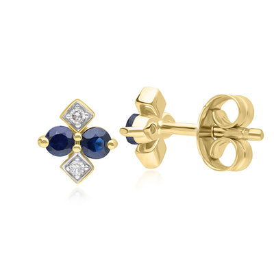 9K Gold Round Blue Sapphire & Rhombus Style Diamond Stud Earrings 135E1836-01_2