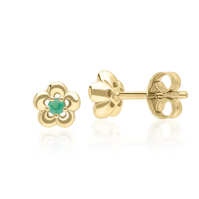 9K Gold Round Emerald Five Petal Flower Stud Earrings 135E1834-03_2