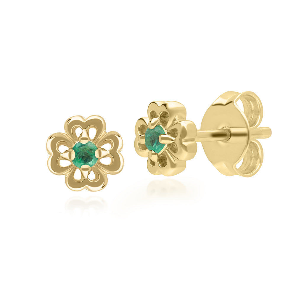 9K Gold Round Emerald Open Petal Flower Stud Earrings 132E2768-03