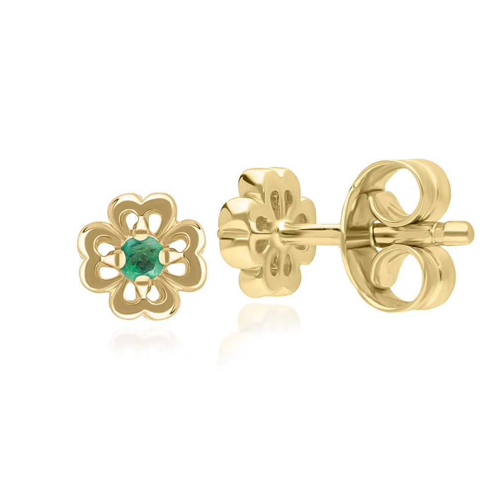 9K Gold Round Emerald Open Petal Flower Stud Earrings 132E2768-03_2