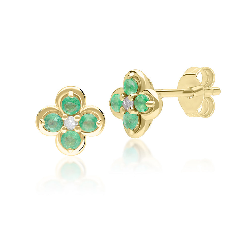 9K Gold Round Emerald & Diamond Classic Flower Earrings 135E1837-03_1