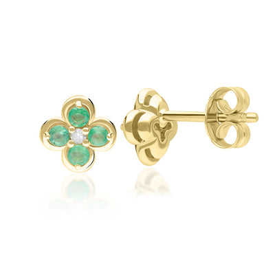 9K Gold Round Emerald & Diamond Classic Flower Earrings 135E1837-03_2