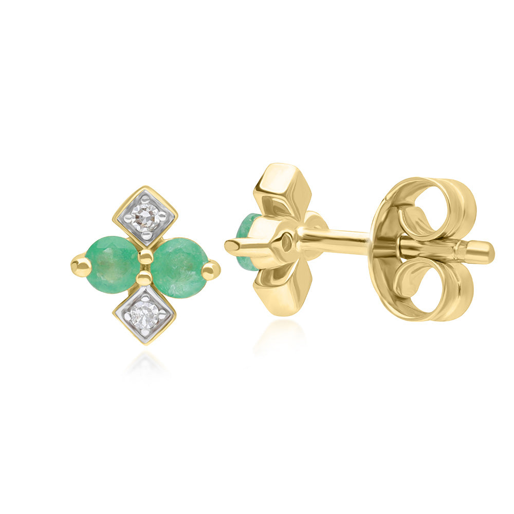 9K Gold Round Emerald & Rhombus Style Diamond Stud Earrings 135E1836-03_2