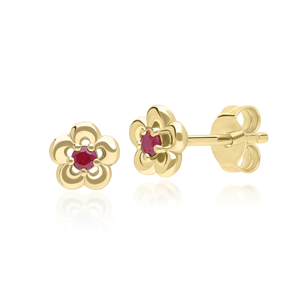9K Gold Round Ruby Five Petal Flower Stud Earrings 135E1834-02_1