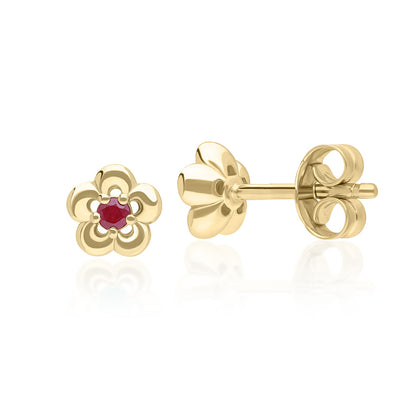 9K Gold Round Ruby Five Petal Flower Stud Earrings 135E1834-02_2