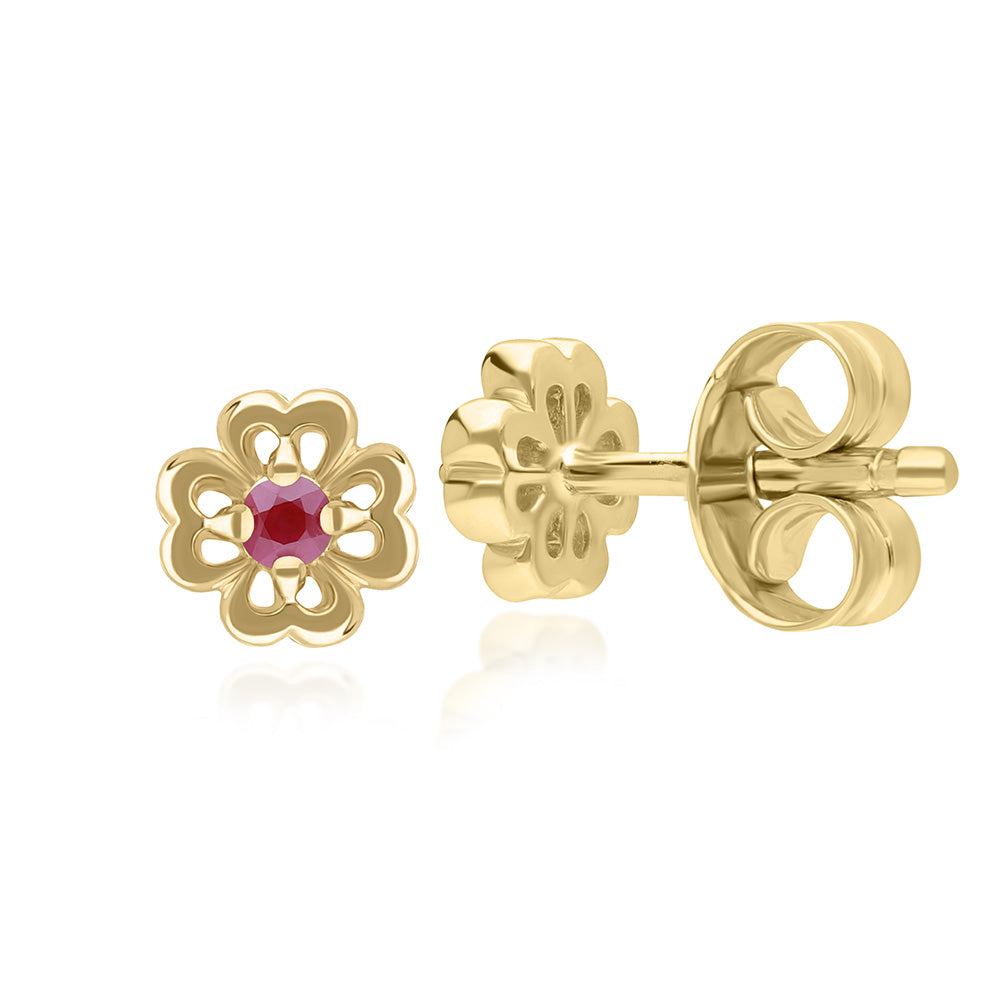9K Gold Round Ruby Open Petal Flower Stud Earrings 132E2768-02_2
