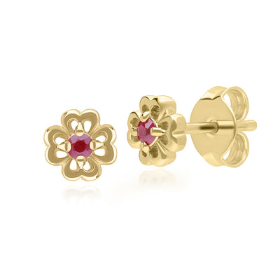 9K Gold Round Ruby Open Petal Flower Stud Earrings 132E2768-02