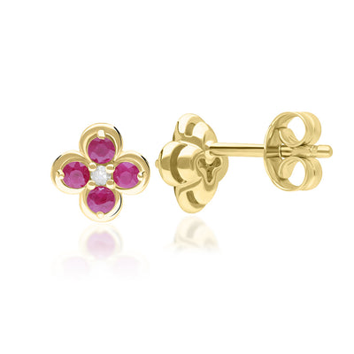 9K Gold Round Ruby & Diamond Classic Flower Earrings 135E1837-02_2