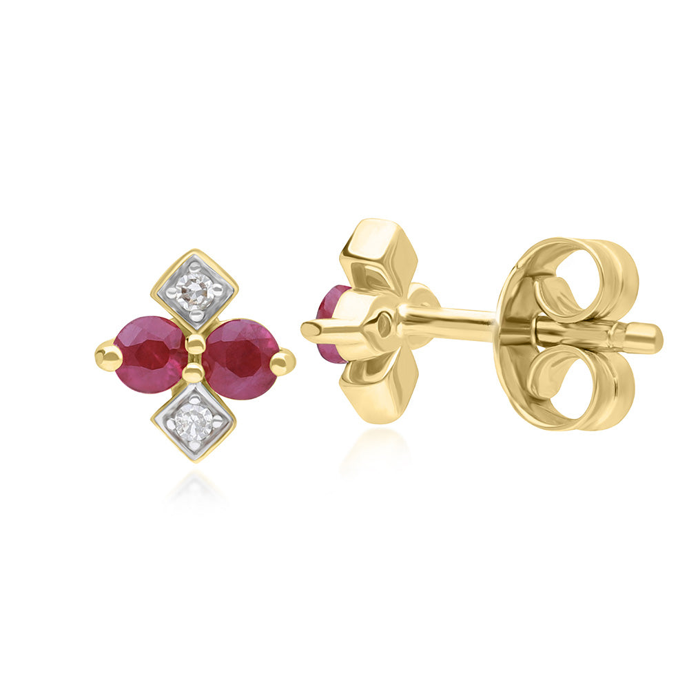 9K Gold Round Ruby & Rhombus Style Diamond Stud Earrings 135E1836-02_2