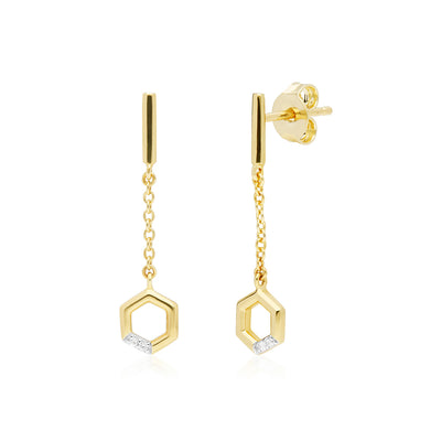 9K Yellow Gold Diamond Hexagon Dangle Drop Earrings 191E0396-02